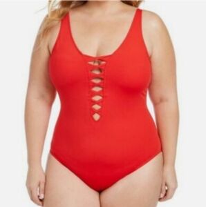 Bleu Rod Beattie Red One-Piece Swimsuit with Lattice Detail